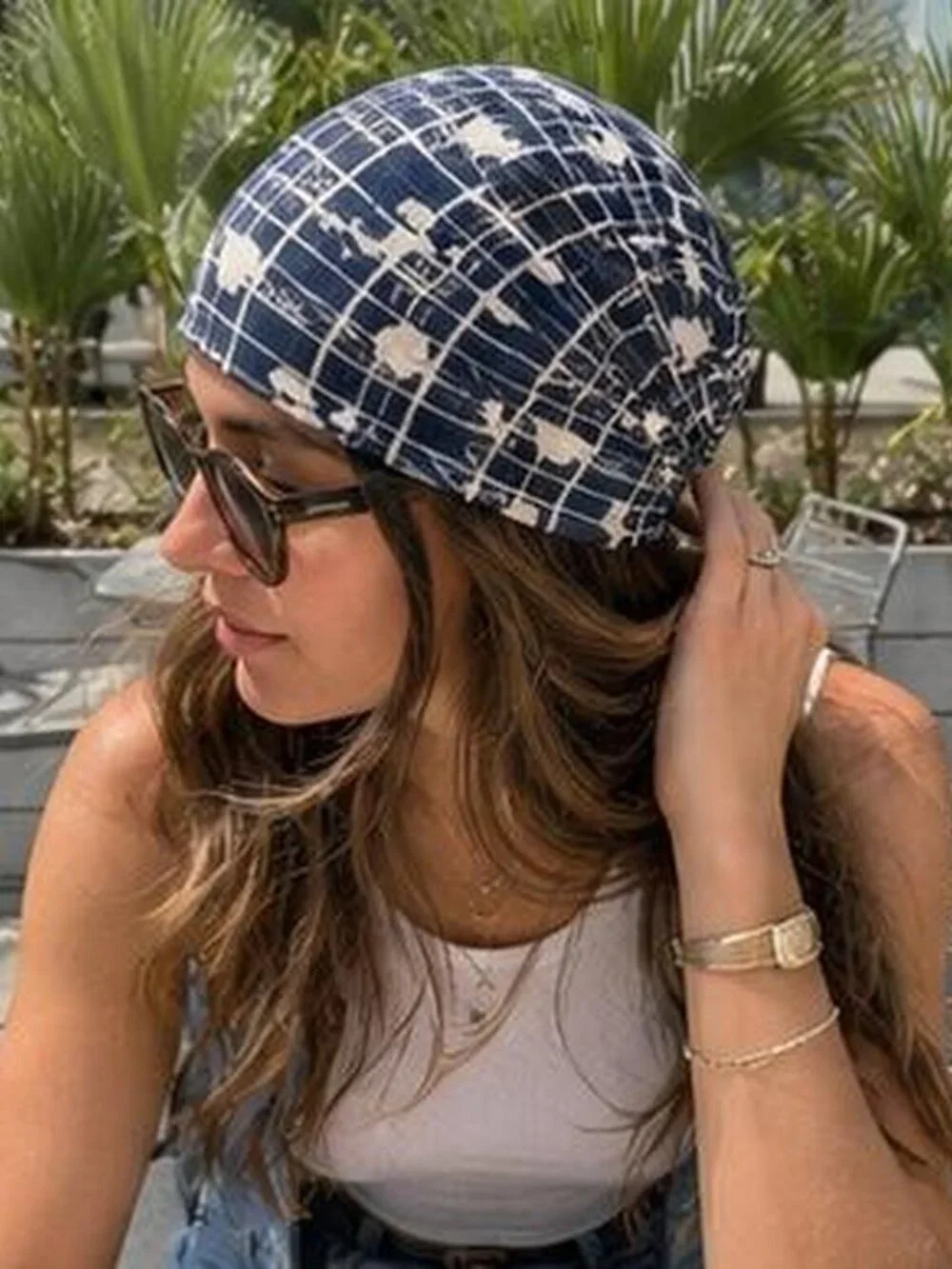 Navy Blue White Plaid Headscarf Bandana Hair Wrap Y2K Grunge Indie Sleaze